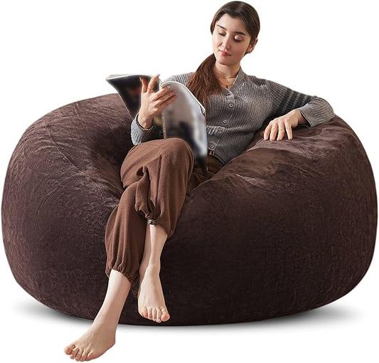 Bean Bag Chair 4Ft, Memory Foam Filled, Large Beanbag Chairs for Adults and Teens, Soft Sofa with Removable Flannel Cover, Round Couch for Living Room Bedroom College Dorm (Brown, 4FT-47×47"×24")