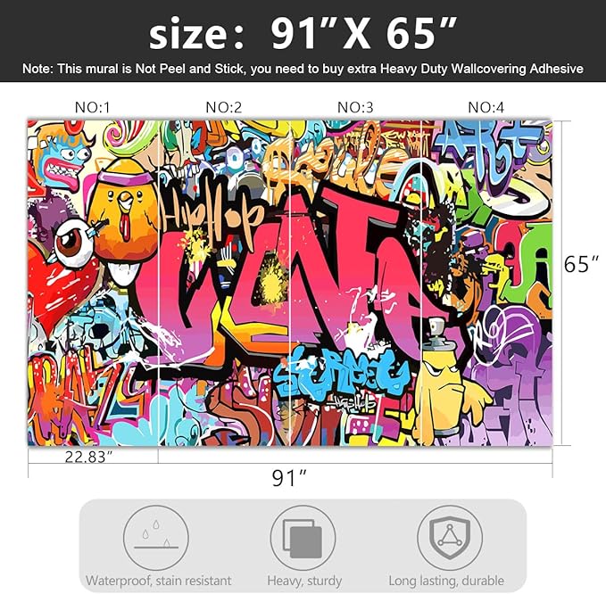 '-Street Art Graffiti Wallpaper Fabric Wallpaper Living Room Bedroom Bathroom Boys Girls Children's Room Abstract Large Wall Mural- 91"x65"( not Peel and Stick)