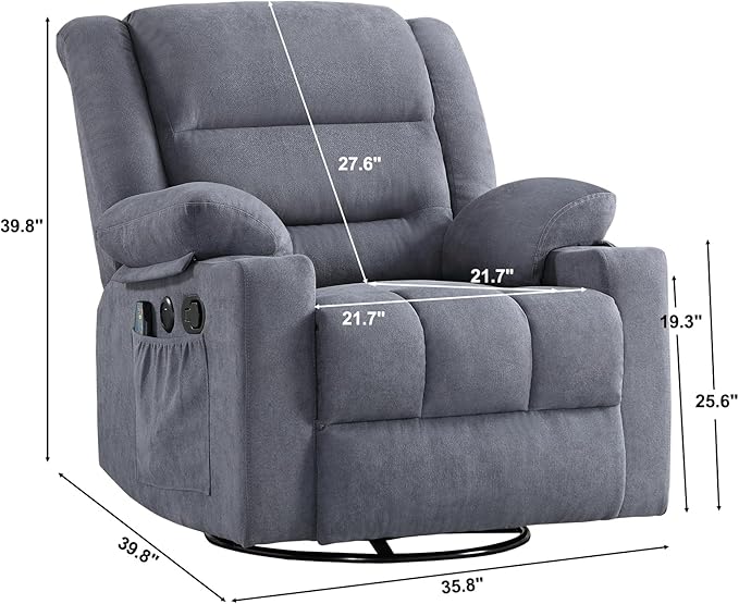 Rocker Recliner Chair with Heat and Massage, 360° Swivel Recliner Chairs for Adults, Heavy Duty Reclining Sofa Chair with USB Port Cup Holders Side Pockets for Living Room (Grey)