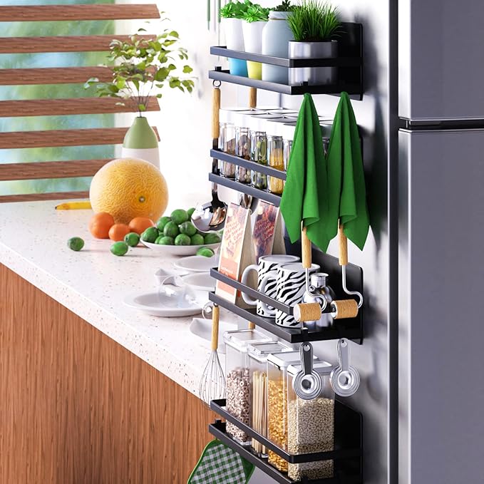 Magnetic Spice Rack for Refrigerator,Magnetic Shelf Fridge Organizer for Kitchen, Space Saver Container for Kitchen/Apartment, Drill Free, Black 2 Pack
