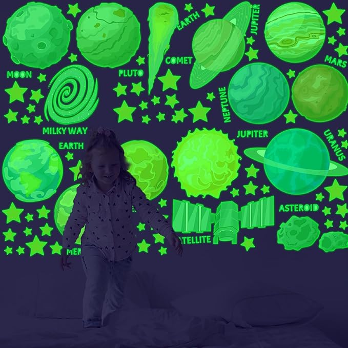 Glow in The Dark Stickers, 103 PCS Solar System Glow Stars Ceiling Stickers Galaxy Space Planets Wall Decals for Kids Boys Girls Bedroom Nursery Playroom Party Room Decor