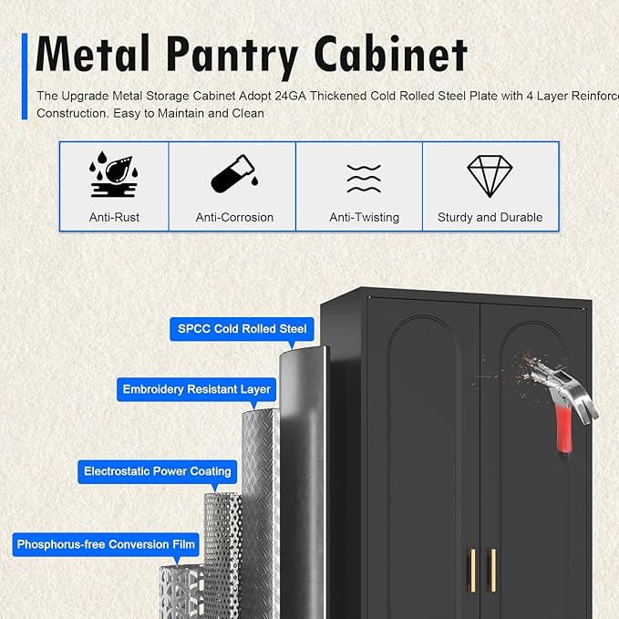 71" Tall Kitchen Pantry Cabinet, Pantry Storage Cabinet with Doors and Shelves, Metal Food Pantry Cabinets with Handles, Black Freestanding Cupboard for Living&Dining Room-Assemble Required