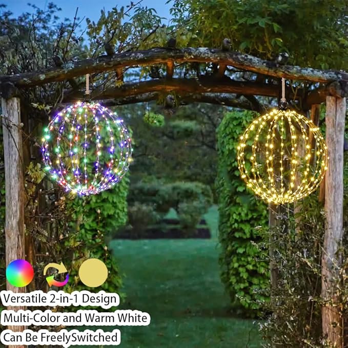 Outdoor Hanging Lighted Sphere, Christmas Decoration Light Balls, 2 in 1 Warm White and Multicolor Chandelier, 208 LED 16" Large Iron Frame Foldable Globe for Patio Tree Gazebo Decor-2Pack