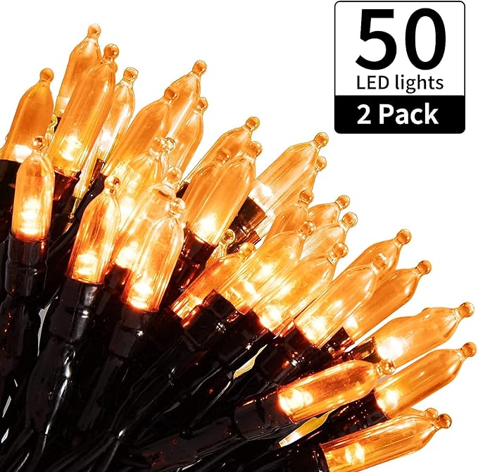 Halloween Orange String Lights Decorations,2 Pack 17.8 Feet 50 LED Battery Operated Mini String Lights with 8 Modes Waterproof for Outdoor Indoor Patio Xmas Tree Holiday Party Christmas Show
