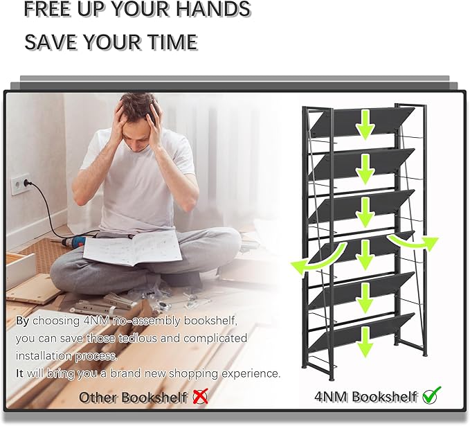 4NM No Assembly Foldable Bookshelf, 6-Shelf Collapsible Bookcase Storage for Small Spaces, 74" H, All Black