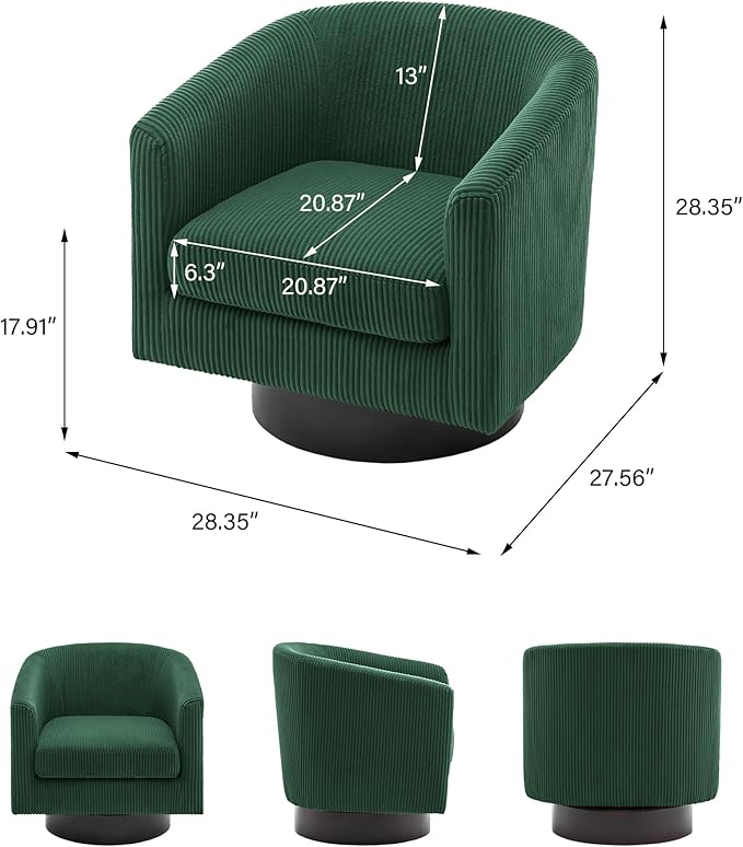 Swivel Barrel Accent Chair, Modern Round Corduroy Fabric Arm Chair for Living Room, Bedroom, Comfy Club Reading Chairs for Adults, Corduroy Dark Green