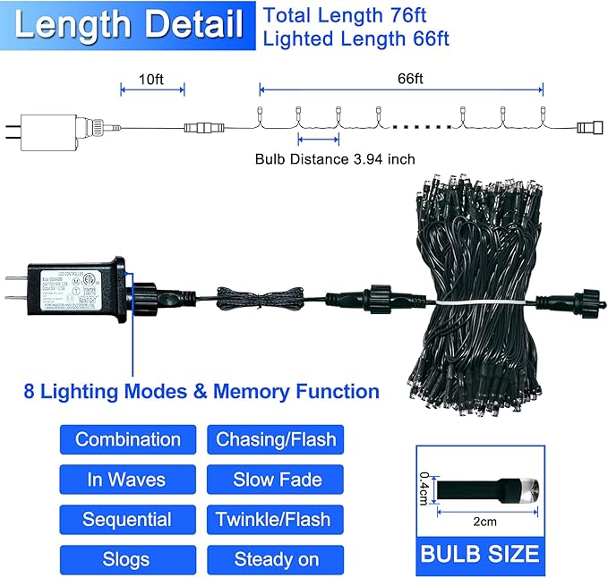 JMEXSUSS 200 LED Blue Christmas Lights Outdoor, Expandable 66ft Christmas String Lights Green Wire, 8 Modes Twinkle Xmas Tree Light Plug in for Party Indoor Ceiling Beroom Patio Fence Yard Decor