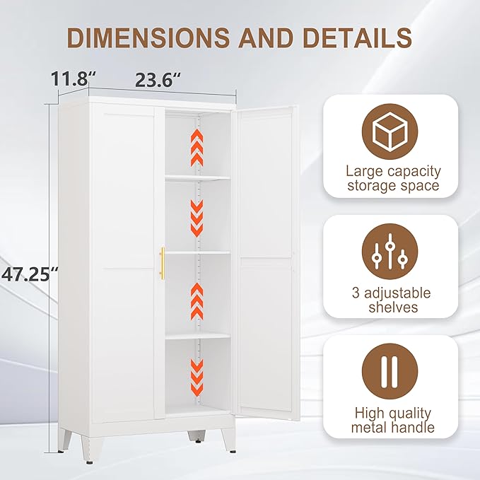 Metal Kitchen Pantry Storage Cabinet with 2 Doors and 3 Adjustable Shelves,Pantry Cabinet with Adjustable Leveling Foot for Kitchen, Living Room, Dining Room(White)