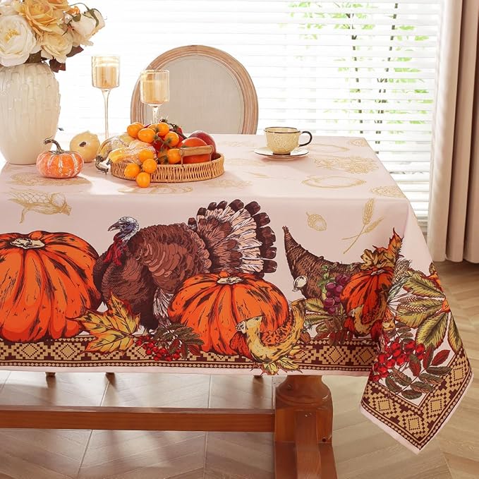 SASTYBALE Thanksgiving Tablecloths for Rectangle Tables 60 x 84 Inch Farmhouse Turkey Pumpkins Tablecloth, Wrinkle Free Vintage Fabric Table Covers for Fall Harvest & Autumn Decor, Brown