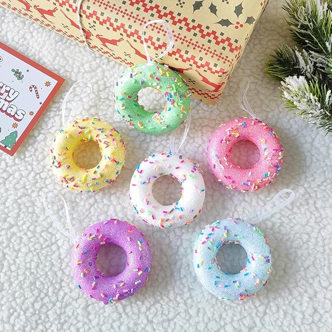 Donut ChristmasParty Decorations Ornaments, 6Pcs Hanging Christmas Tree Candy Ornament, Macaron Color Mini Dessert Donut Pendant Set for Xmas New Year Easter Birthday Home Party Supplies (Doughnut)