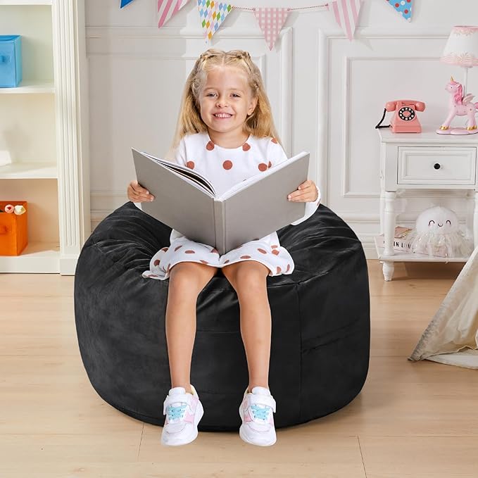 Bean Bag Chairs for Kids - Memory Foam Furniture BeanBag Chair - Kids/Teens Sofa with Soft Micro Fiber Cover - Round Fluffy Couch for Living Room Bedroom College Dorm - 2.5 ft, Carbon Black