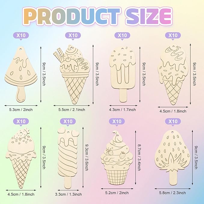 80PCS Wooden Ice Cream Cutouts Ornaments to Paint,Summer Decorations 8 Styles DIY Blank Unfinished Wood Cutouts Ornament for Crafts Hanging Decorations