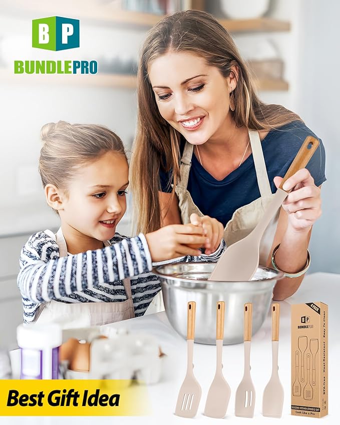 Pack of 4 Silicone Kitchen Utensils Set, Non Stick Solid Spatulas and Heat Resistant Slotted Spoons with Wooden Handle, Ideal BPA Free Cooking Utensils for Mixing,Serving,Turning,Stirring(KHAKI)