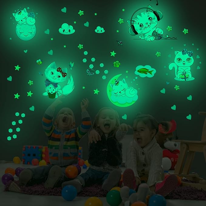 Glow in The Dark Stars for Room,Cats Glowing Wall/Ceiling Decals, Kitten Butterflies Stickers for Kids Bedroom, Clouds Bees Luminous Wall Decor for Boy and Girl Living Room