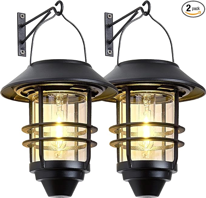Solar Lantern Outdoor Lights, Hanging Waterproof Lantern Lights with Wall Mount Kit for Garden Porch Fence 2 Pack