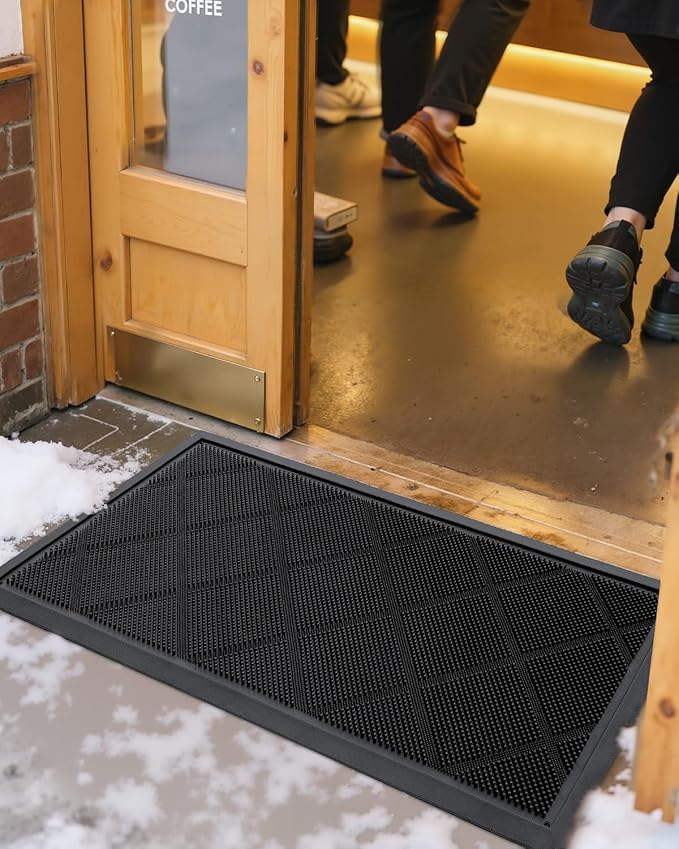 DEXI Front Door Mats Outside Entrance, 17x36 Rubber Waterproof Dirt Trapping Entry Mat for Entryway, Heavy Duty Non-Slip Low-Profile Welcome Doormat All Weather for Patio, Black