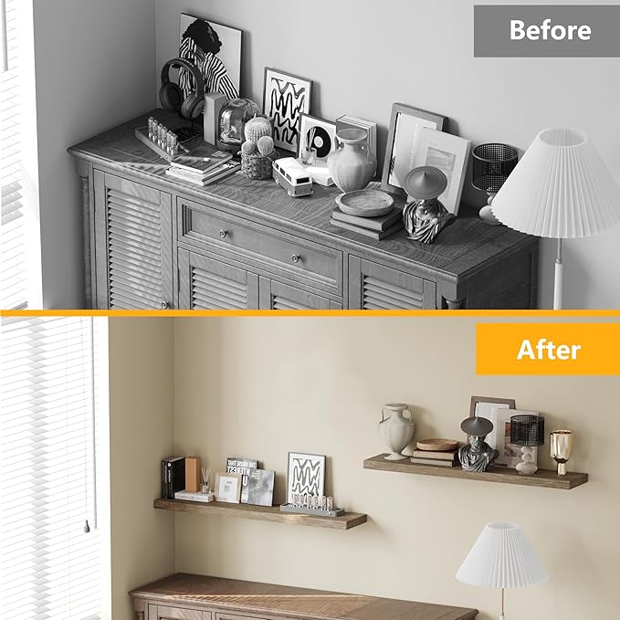 BAMEOS Floating Shelves,Wall Mounted Wooden Shelves with Invisible Brackets Set of 2, Hanging Wall Shelves Decoration for Bedroom, Bathroom, Living Room and Kitchen