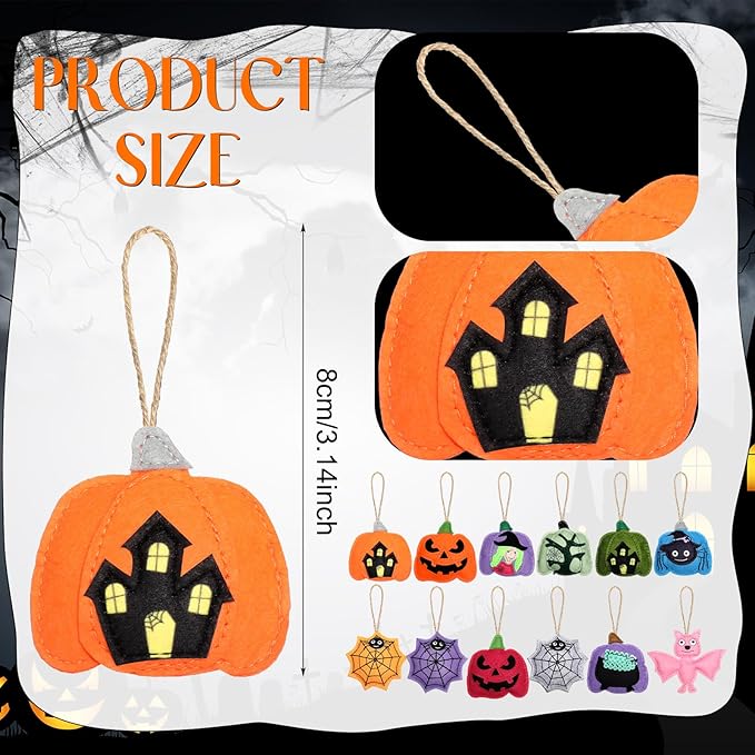 12 Pcs Halloween Felt Ornaments Spooky Pumpkin 3D Hanging Ornaments 3.15 Inch Spider Web Bat Tree Felt Decorations for Tree Halloween Party Decor