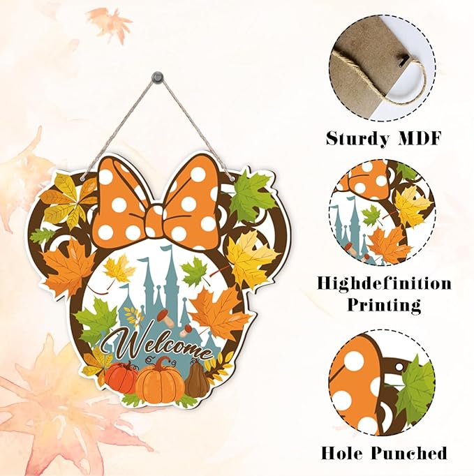 Fall Mouse Welcome Door Sign, Wooden Maple Leaves Mushroom Hanging Decor for Front Door, Fall Wood Wreath Wall Decor for Autumn Harvest Thanksgiving Home Decorations, Housewarming Gift