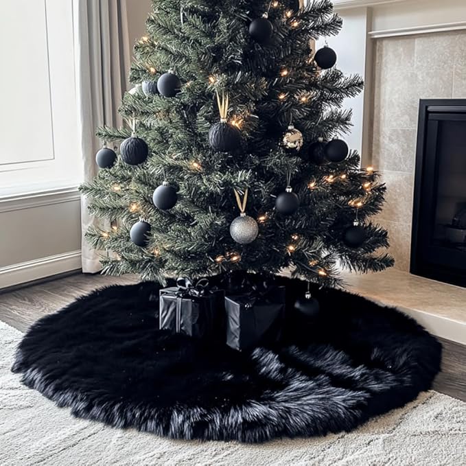 AISENO 48 Inch Christmas Tree Skirt - Black Faux Fur Plush Holiday Decor for Xmas Tree, Festive Party, Home Decorations