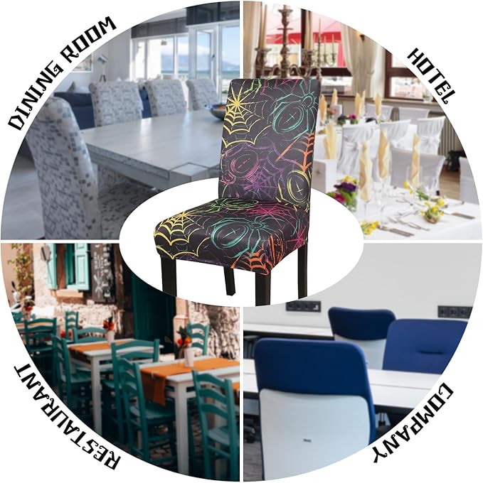 JQinHome Spider Halloween Chair Slipcover,Web Black Chair Covers Set of 6, High Stretch Washable Chair Protector Cover for Dining Room, Kitchen,Home Party,Wedding Ceremony(Spider,6PC)