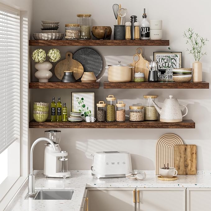 Heimlove 36 Inch Long Floating Shelf for Wall, 12" Deep Floating Shelves Wall Shelves for Bedroom Living Room Bedroom,Wall Mounted Shelves for Storage Book Decor, Set of 2, Rustic Brown