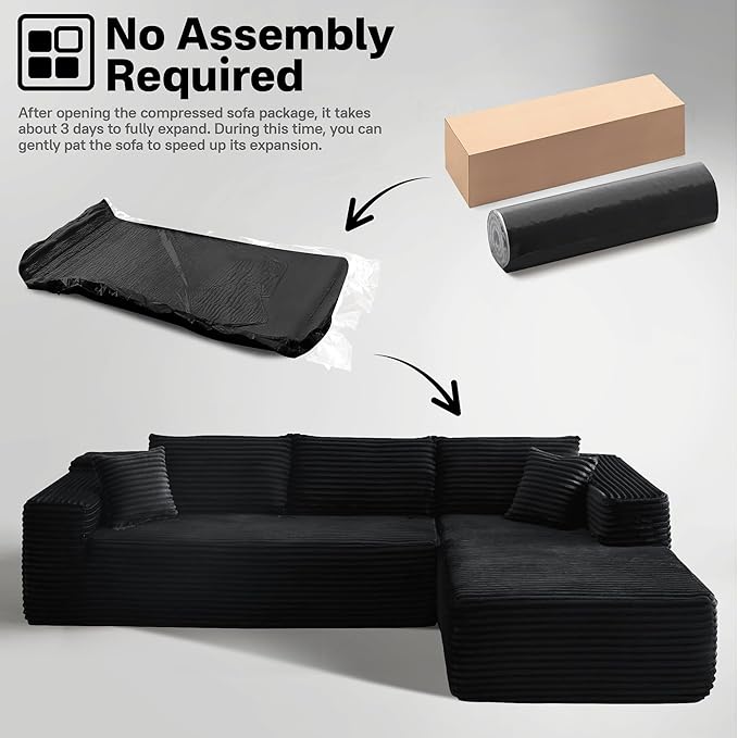 104" Cloudy Sectional L Shaped Couch for Living Room, No Assembly Required, Modular Comfy Sofa with Deep Seat, Fluffy Couch with Sleeper Chaise for Apartment Lounge (Black)