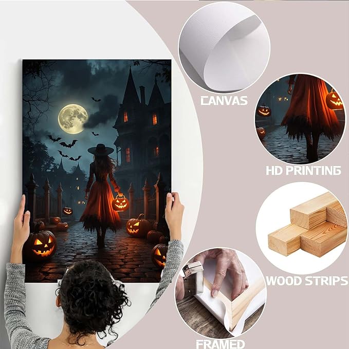 Halloween theme poster moonlit autumn night witch vintage poster art print dark college style gothic painting canvas wall decoration bedroom living room ideal gift8x12in Wood Framed