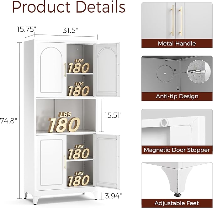75" Tall Kitchen Pantry Storage Cabinet, Metal Storage Cabinets with 4 Doors and Adjustable Shelves,White Kitchen Hutch Cabinet with Microwave Stand, Large Cupboard for Dining Living Room
