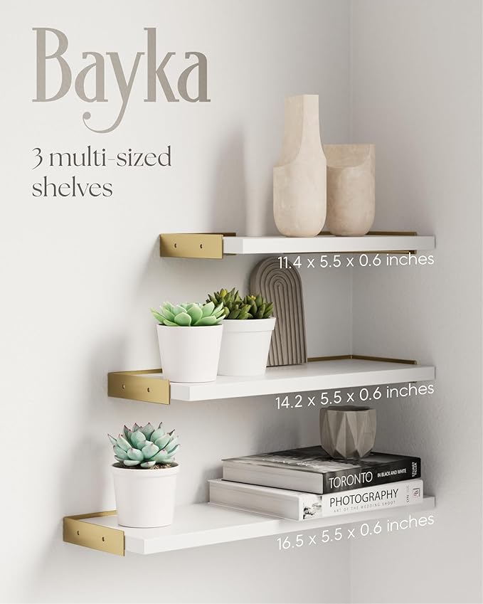 BAYKA Wall Shelves for Bedroom Decor, Floating Wall Shelves for Living Room Kitchen Storage, Wall Mounted Rustic Wood Shelves for Kids Books,Corner Shelves for Bathroom(White and Gold,Set of 3)