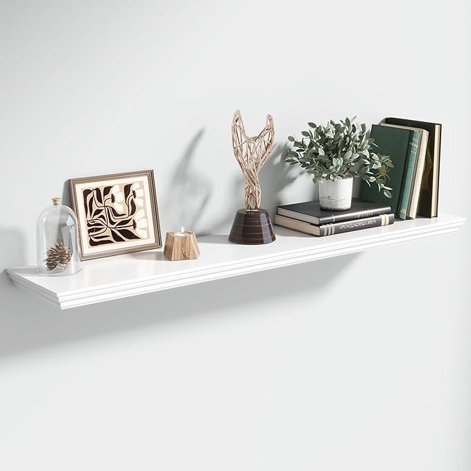 Floating Shelves for Wall, 48 Inch Long Wall Mounted White Hanging Shelf for Kitchen, Living Room, Office, Bedroom, Bathroom, Retro Vintage Wood Bookshelf for House Decor