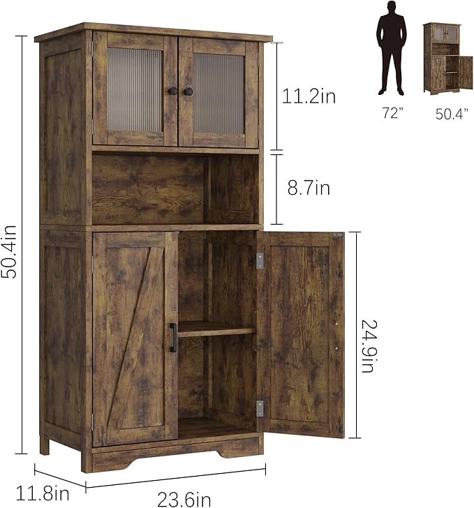 GarveeHome 54in Tall Bathroom Cabinet, Farmhouse Storage Cabinet with Glass Doors and Adjustable Shelves, Freestanding Kitchen Pantry Cabinets, Cupboard for Living Room, Dining Room, Rustic Brown