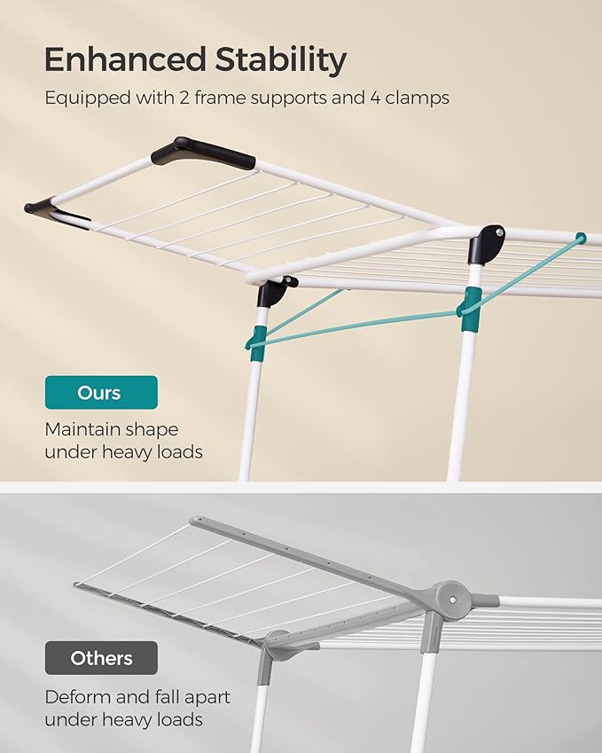 SONGMICS Clothes Drying Rack Foldable, Gullwing Laundry Drying Rack, Space-Saving, 22.2 x 68.1 x 38 Inches, Sock Clips, Metal Structure, for Clothes, Towels, Linens, Indoor, Outdoor White ULLR518W01