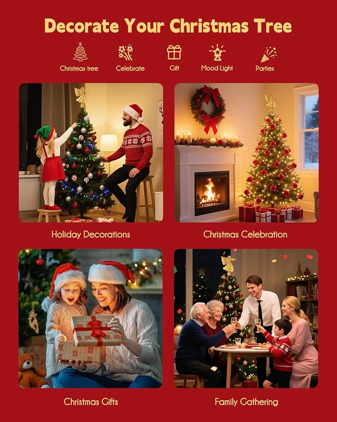 Christmas Angel Tree Topper with Built-in LED Snowflake Projector Lights Hollowed Pentagram Tree Top with Gold Spangles Plated Plug in for Indoor Outdoor Christmas Decorations, Gold