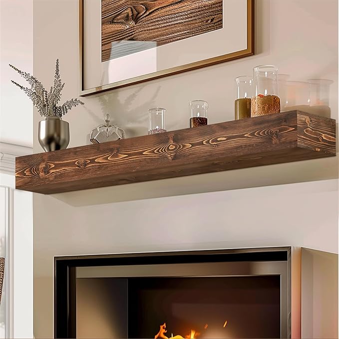 56x8x5 Fireplace Mantel - Handcrafted Hollow Rustic Solid Wood Wall Mounted Floating Shelf with Invisible Heavy Duty Wood Bracket (Weathered Brown)