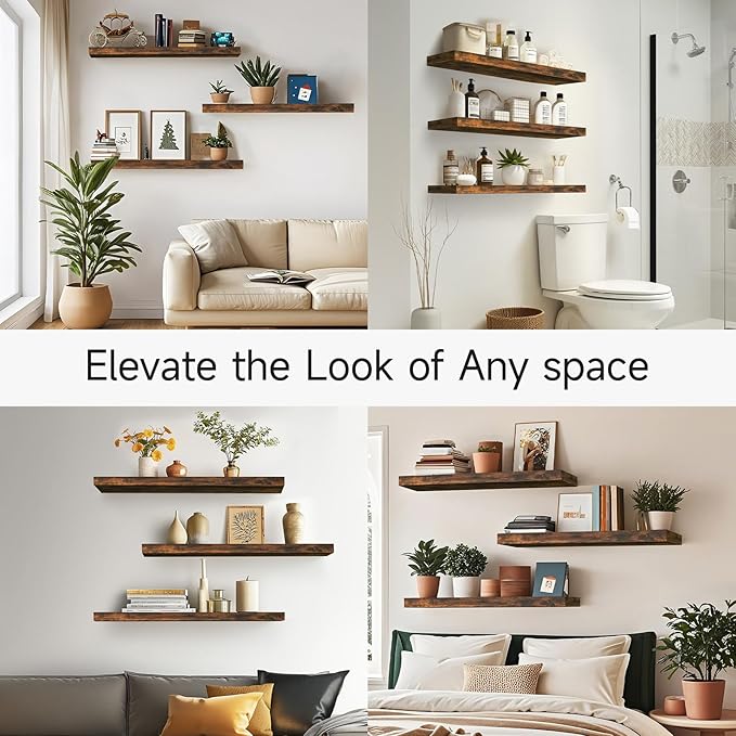 BAYKA Floating Shelves for Wall, 36 inches Wall Mounted Rustic Wood Shelves for Bathroom, Bedroom, Living Room, for Storage/Decor with 30lbs Capacity๏ผRustic Brown,Set of 3