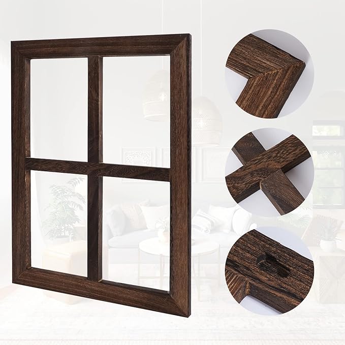 Rustic Wood Window Frame with Green Wreath and Arrows Wall Decor,Farmhouse Window Frame Hanging Decor,Wooden Fake Decoration,Window Pane Wall Decor,Set of 2 (Brown)