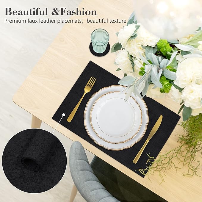 Faux Leather Placemats Set of 6,Heat Resistant Placemats for Dining Table, Easy Clean Non-Slip Place Mats, Waterproof Stain Resistant Wipeable Washable PU Table Mats, (Black)