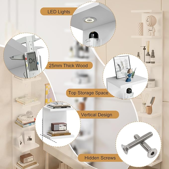 Versatile 7 Tier Shelf Unit 6.4Ft Lack Wall Shelf Unit with LED Floating Wall Shelf Unit Wall Mount Vertical Shelving for Storage Space Saving Organizer for Bedroom Living Room Office Display Decor