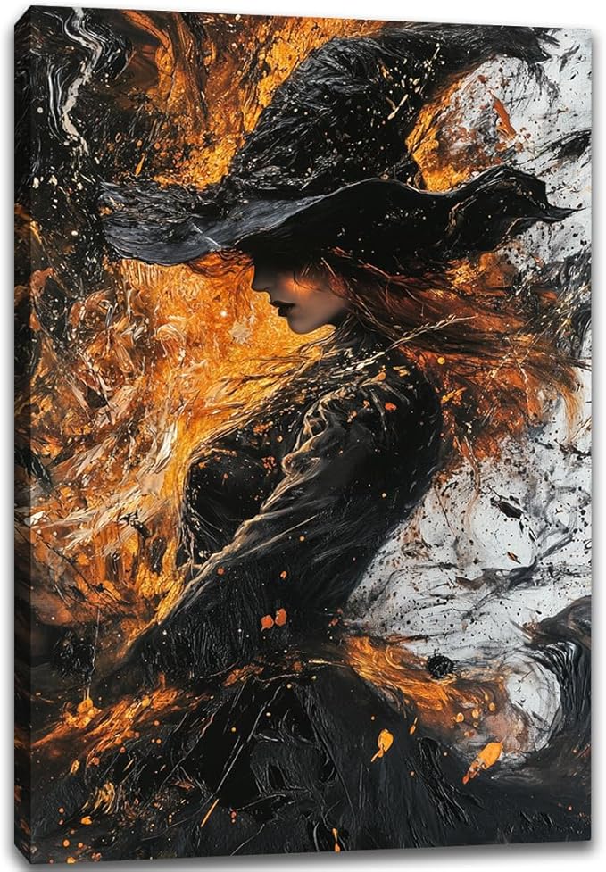 Witch Canvas Poster Print, Dark Academic Picture Wall Decor, Modern Fashion Aesthetic Abstract Witchcraft Halloween Wall Art For Bedroom Living Room Hallway Decoration,24"x36" Framed