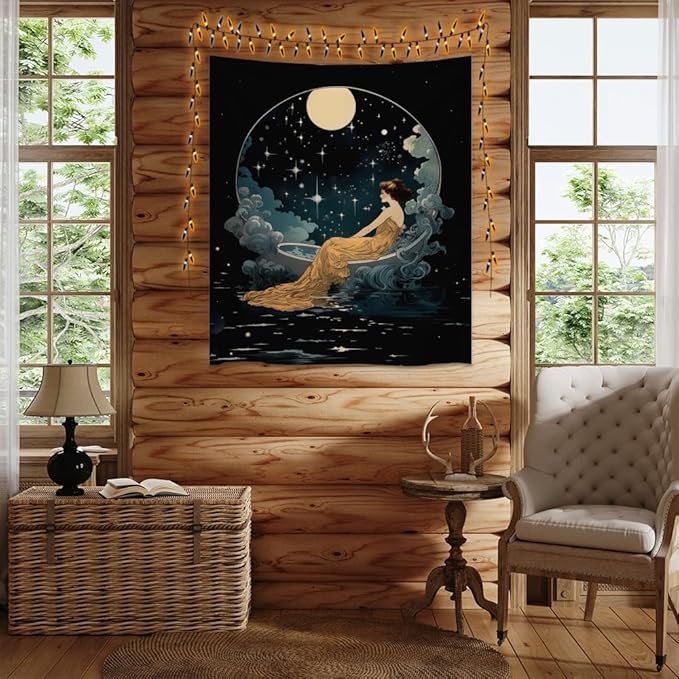 Dark Academia Tapestry Celestial Moonlit Bathing Lady Print Trendy Aesthetic Gothic Wall Hanging Vintage Art Nouveau Tapestries Wall Decor for Bedroom Living Room Dorm 40x60inch