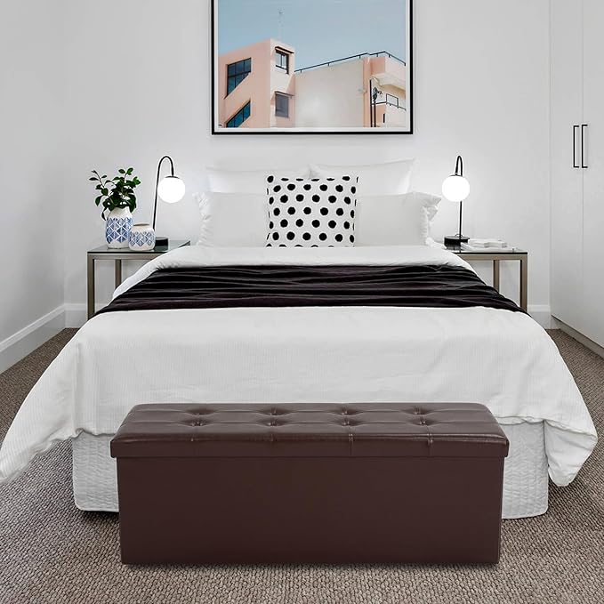 43 Inches Folding Storage Ottoman Bench, PU Leather Storage Chest, Footrest Padded Seat for Bedroom and Hallway, Holds up to 660 lbs, Brown