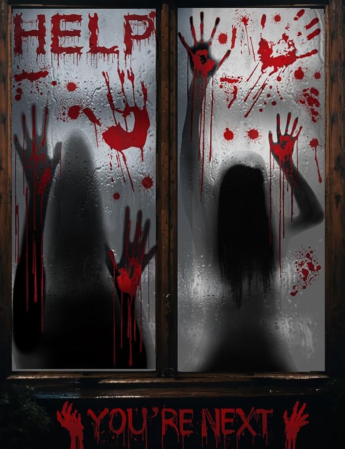 Wohohoho 11 Sheets/202 Pcs Bloody Halloween Decorations Set. 2 Giant Spooky Door Cover, 6 Sheets Horror Window Clings, 3 Sheets Scary Floor Stickers, Halloween Party Wall Decal Bedroom Inside Decor