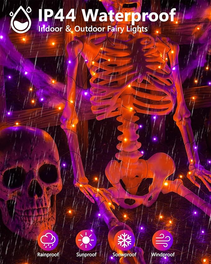 4 Pack 60LED Orange & Purple Fairy Lights Battery Operated with Timer, 20FT Waterproof Halloween Lights Outdoor Indoor, Black Wire String Lights for Bedroom, Party, Centerpiece, Halloween Decorations