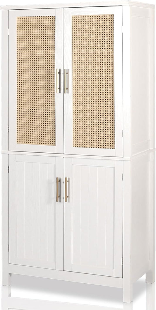 MISHAO 71" Kitchen Pantry Storage Cabinet, Tall Storage Cabinet with Rattan Doors & Adjustable Shelves, Freestanding Cupboard Wood Pantry for Kitchen, Living Room, Dining Room Hallway, White