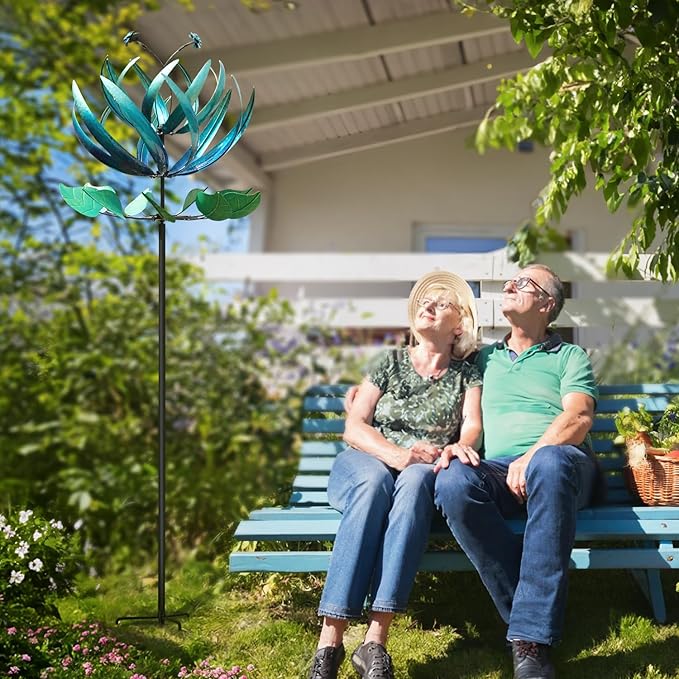 LimeHill Wind Spinner for Yard and Garden - Large Metal Windspinners for Outdoor Decorations (Blue Lotus (24 X 84 Inches))