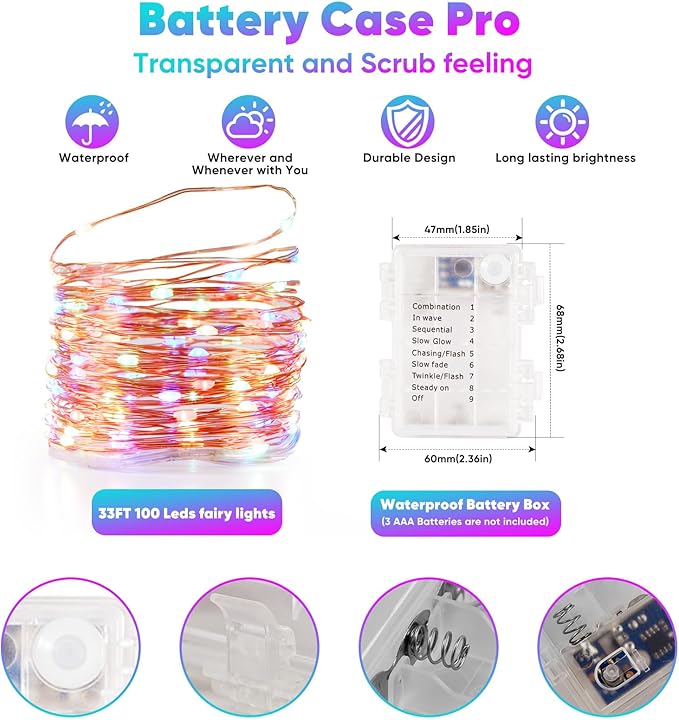 4 Pack 32.8 Ft. Battery Operated Outdoor String Lights with Remote & Timer, LED Multi Color Fairy Lights, Waterproof Twinkle Lights for Bedroom, Dorm, Mason Jar, Wedding, Party, Christmas