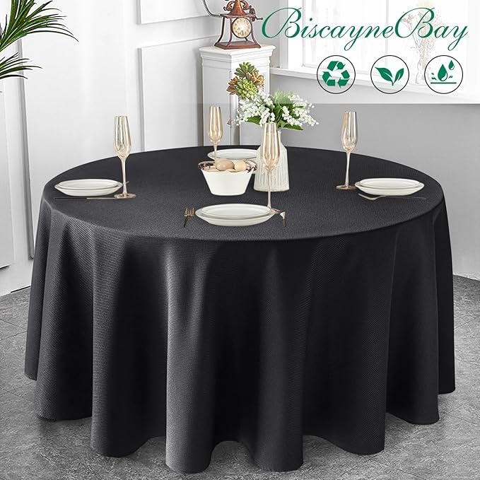 Biscaynebay Textured Fabric Round Tablecloths 108", Black Water Resistant Table Cloth Circle Folding Table Covers Linen for Dining, Kitchen, Wedding and Parties, Machine Washable
