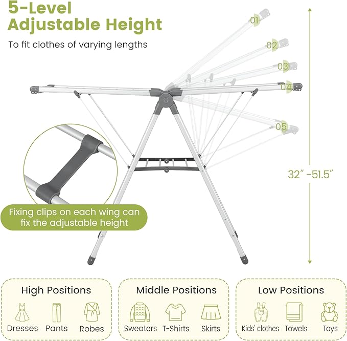 Giantex Clothes Drying Rack, 2-Layer Aluminum Foldable Laundry Drying Rack with 5-Level Adjustable Height, 21 Drying Rails, 10 Side Clips, 4 Shoe Holders, Space Saving Collapsible Laundry Drying Rack