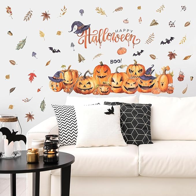 clothmile 38.18 x 36.15 Inch Halloween Wall Decals Halloween Pumpkins Bat Leaves Wall Stickers Removable Halloween Peel and Stick Sticker for Halloween Party Supplies Home Window Decor